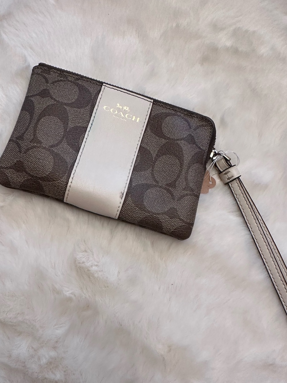 Coach Brown Signature Canvas Wristlet with Cream Center Stripe